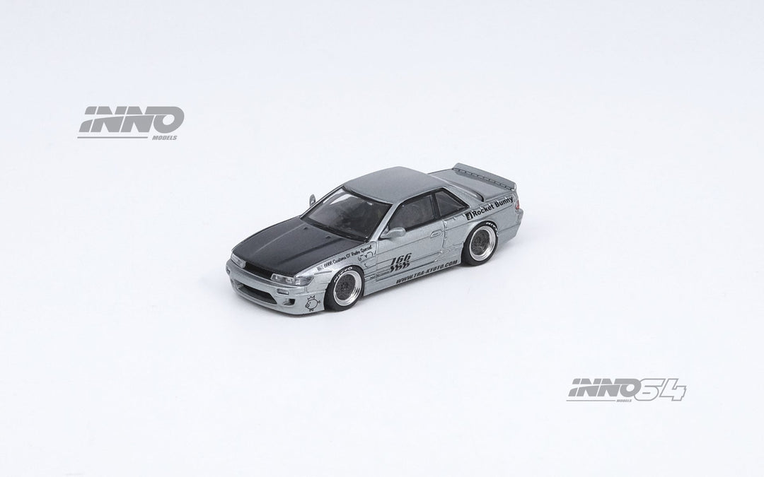 Nissan Silvia S13 (V1) Pandem Rocket Bunny in Silver 1:64 by Inno64 Angled Front View