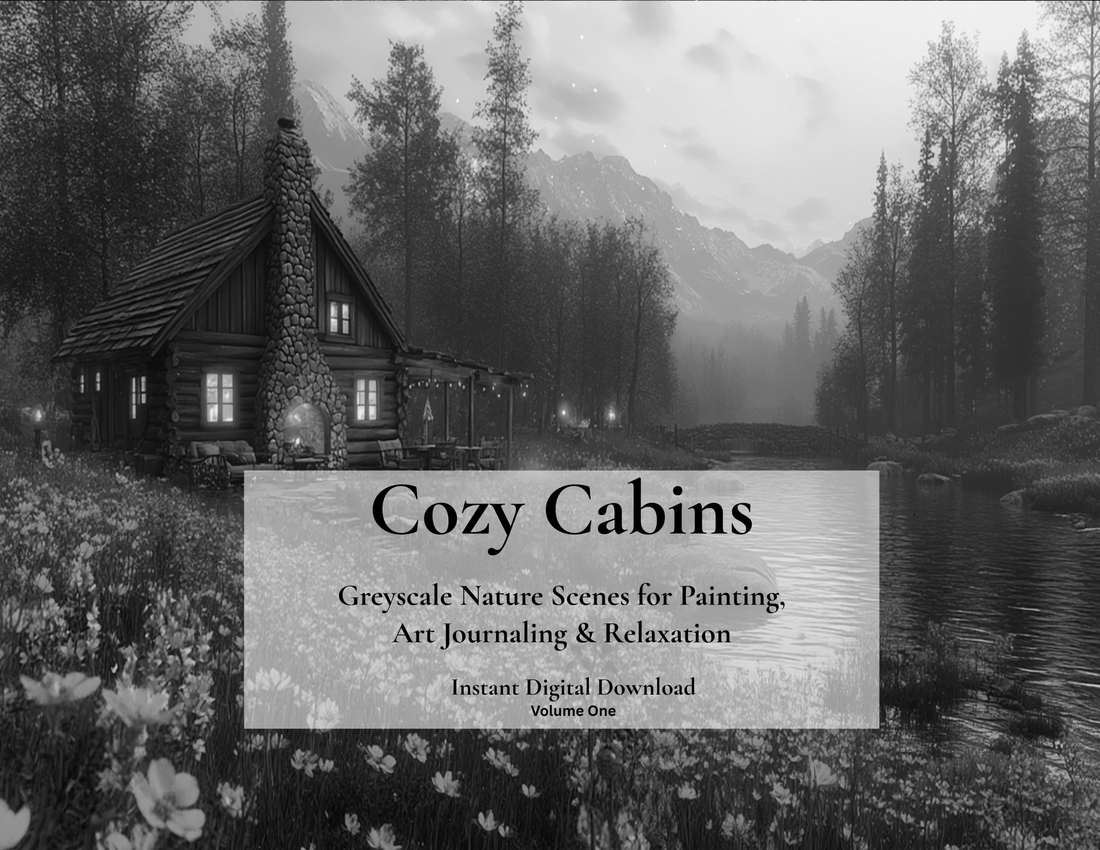 Cozy Cabins – Greyscale Nature Scenes for Painting, Art Journaling & Relaxation – Volume One (Digital Download)