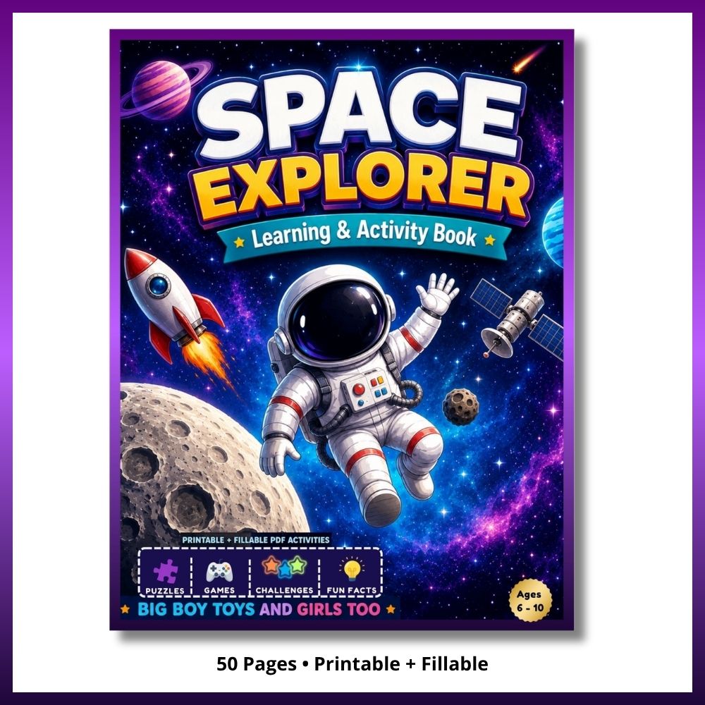 Space Explorer Learning & Activity Book printable PDF cover for kids ages 6-10
