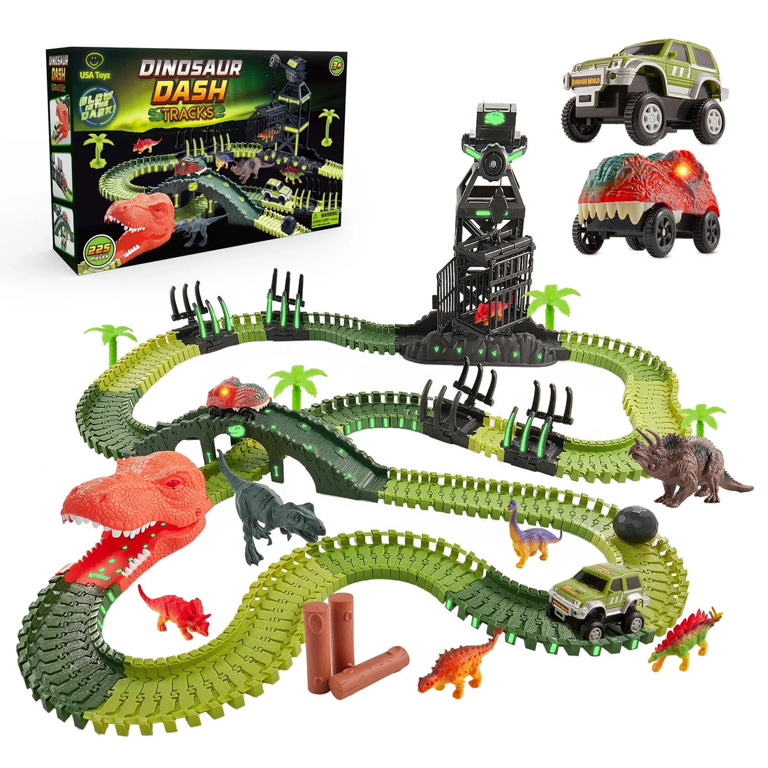 Dinosaur Ultimate Dash Race Track Adventure Playset - USA Toyz 225 Piece Green  3
