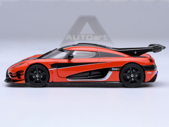 Koenigsegg One:1 Lava Orange with Carbon and Silver Stripes 1/64 Diecast Model Car by Autoart-0