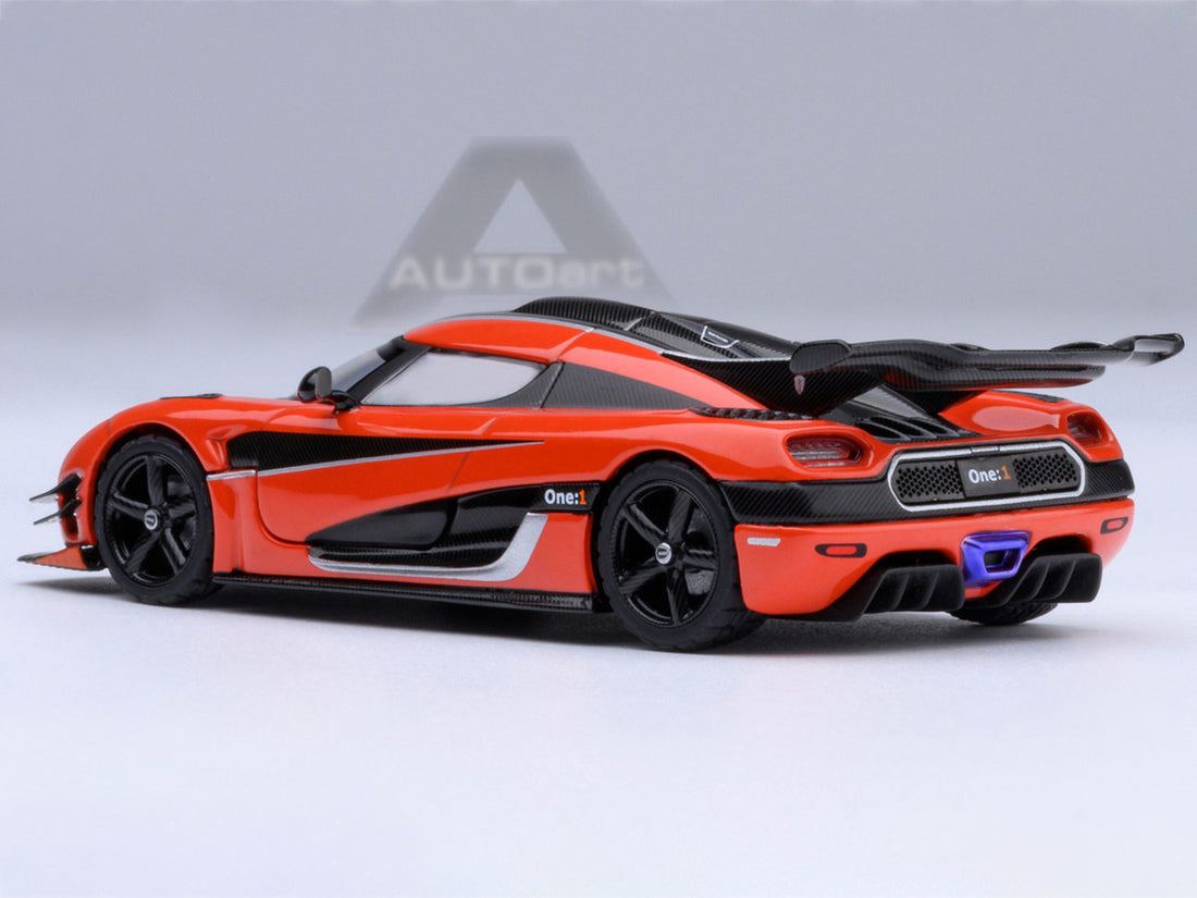 Koenigsegg One:1 Lava Orange with Carbon and Silver Stripes 1/64 Diecast Model Car by Autoart-3