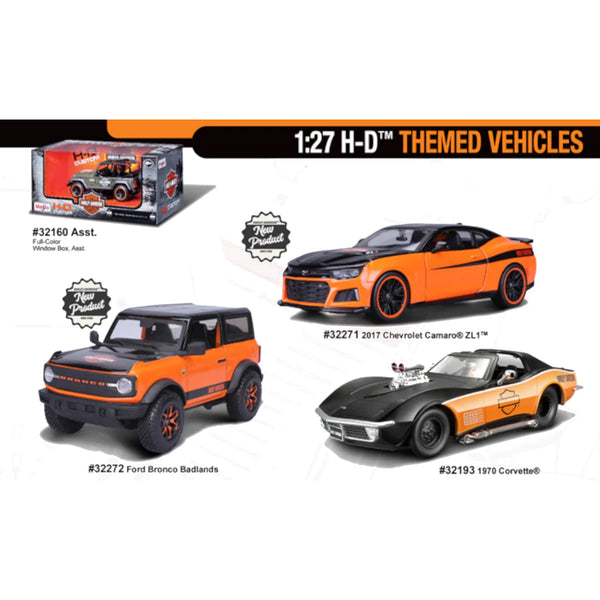 Various die cast collectible hot rods with some retailer having Harley Davidson sponsor