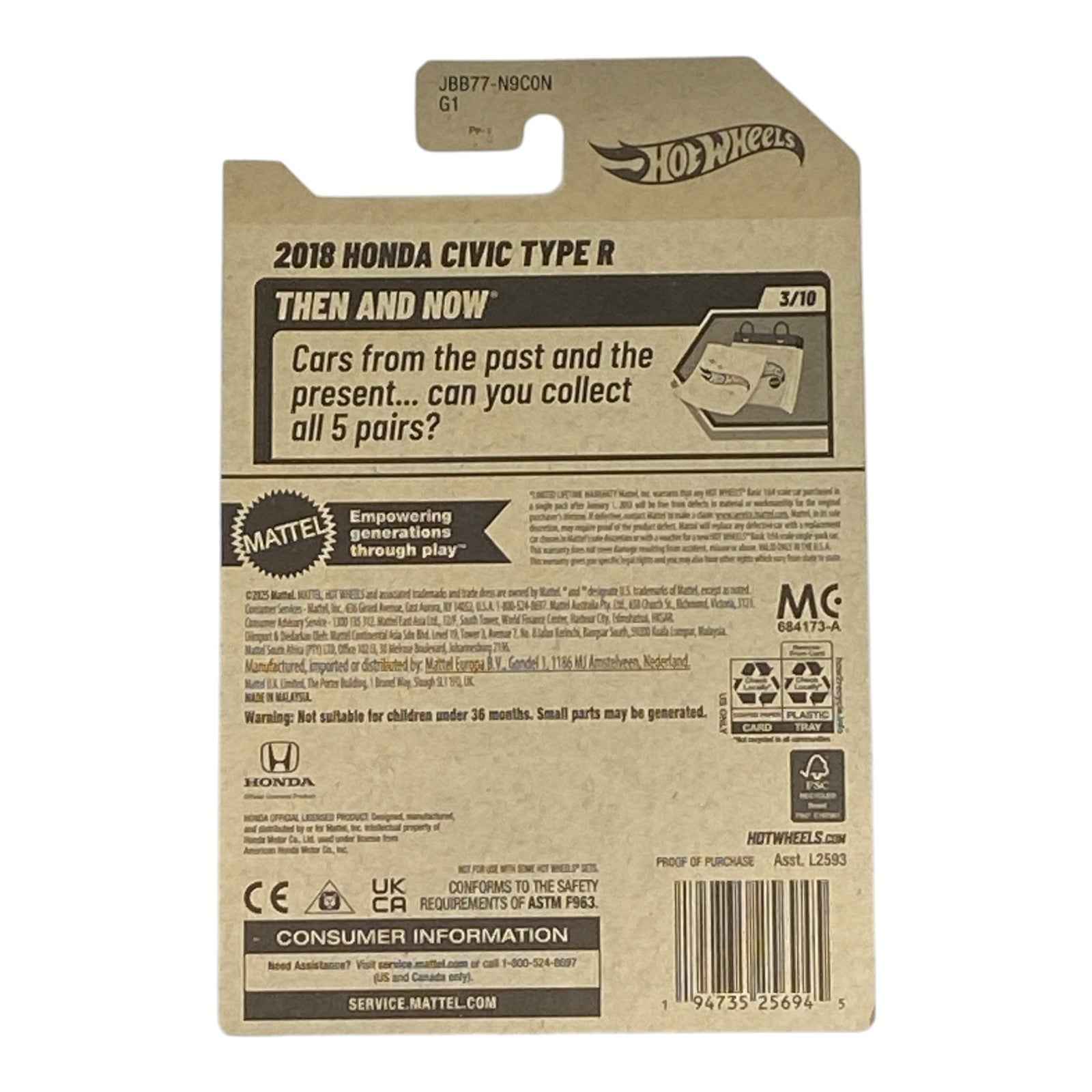 Hot Wheels 2018 Honda Civic Type R - Then and Now Series 3/10 2