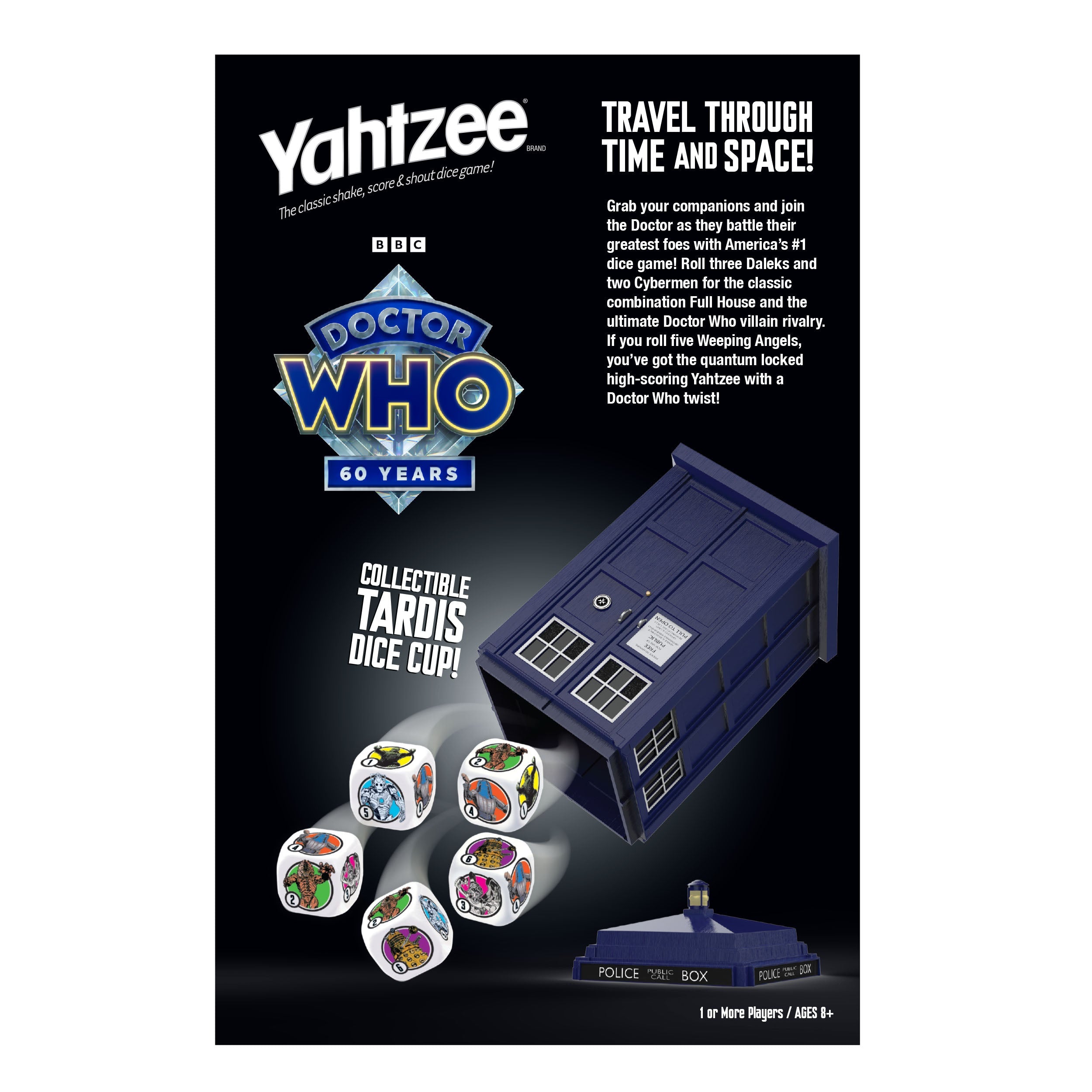 Doctor Who 60th Anniversary YAHTZEE® game packaging and custom dice