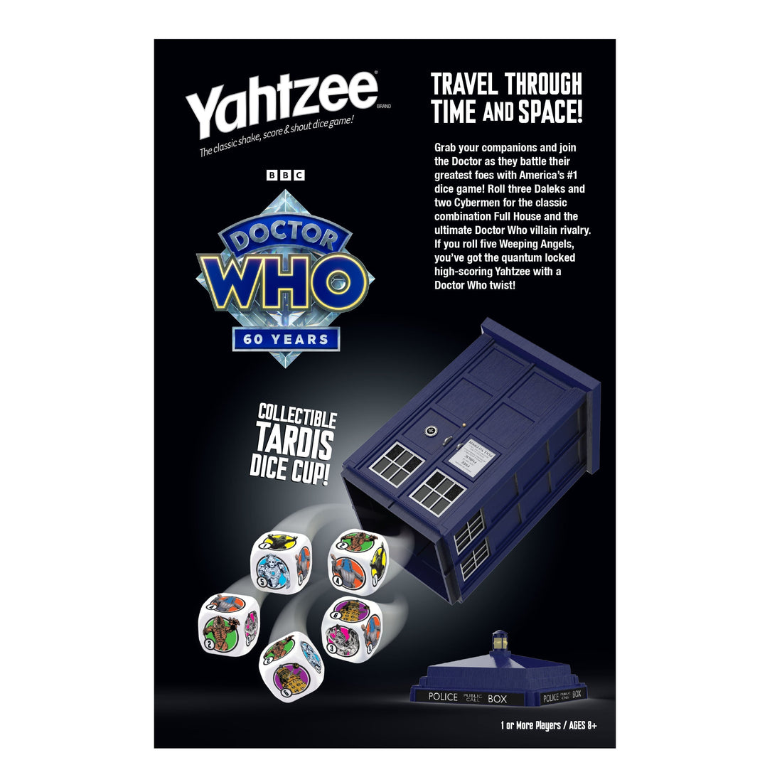 Doctor Who 60th Anniversary YAHTZEE® game packaging and custom dice