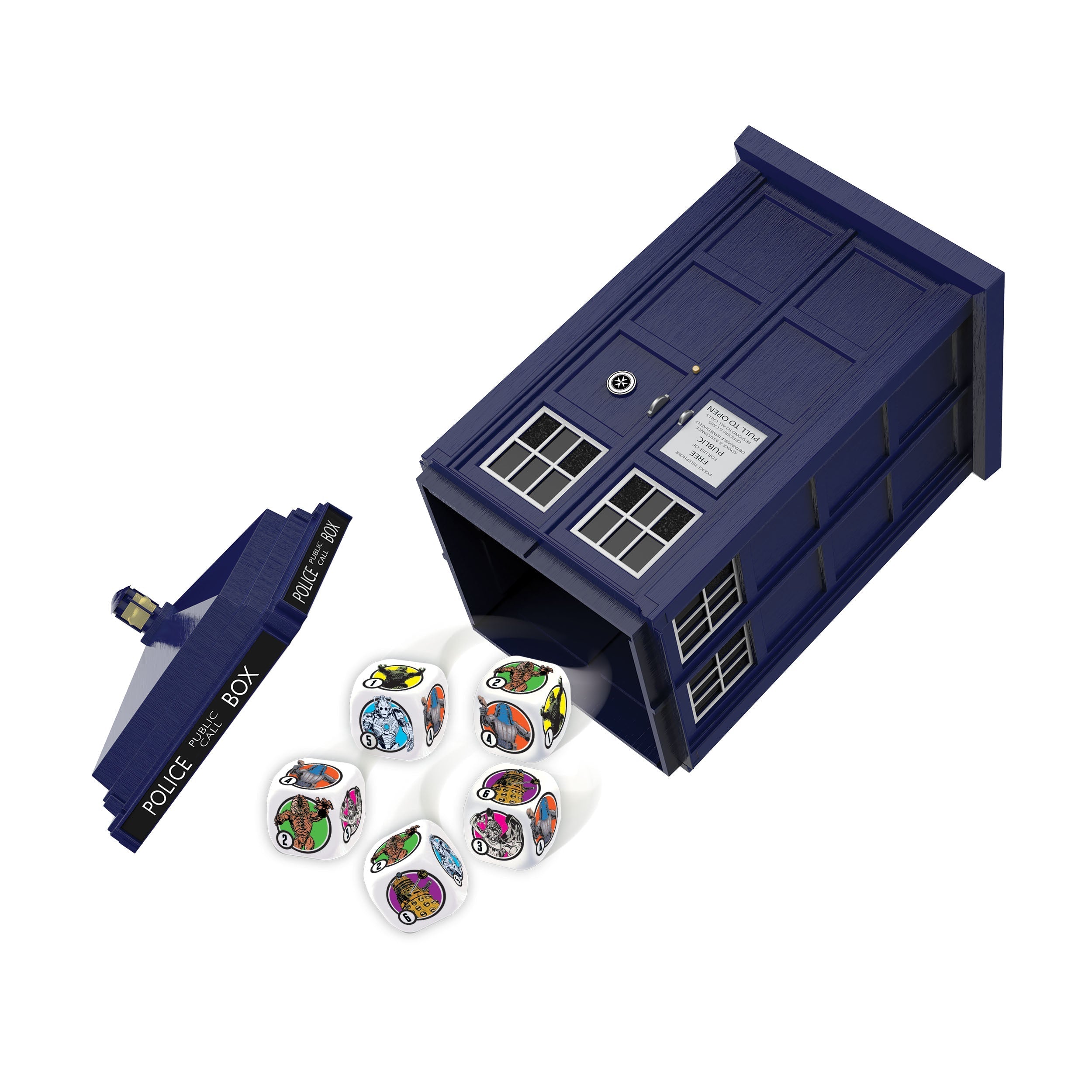 Doctor Who TARDIS YAHTZEE® dice cup with themed dice