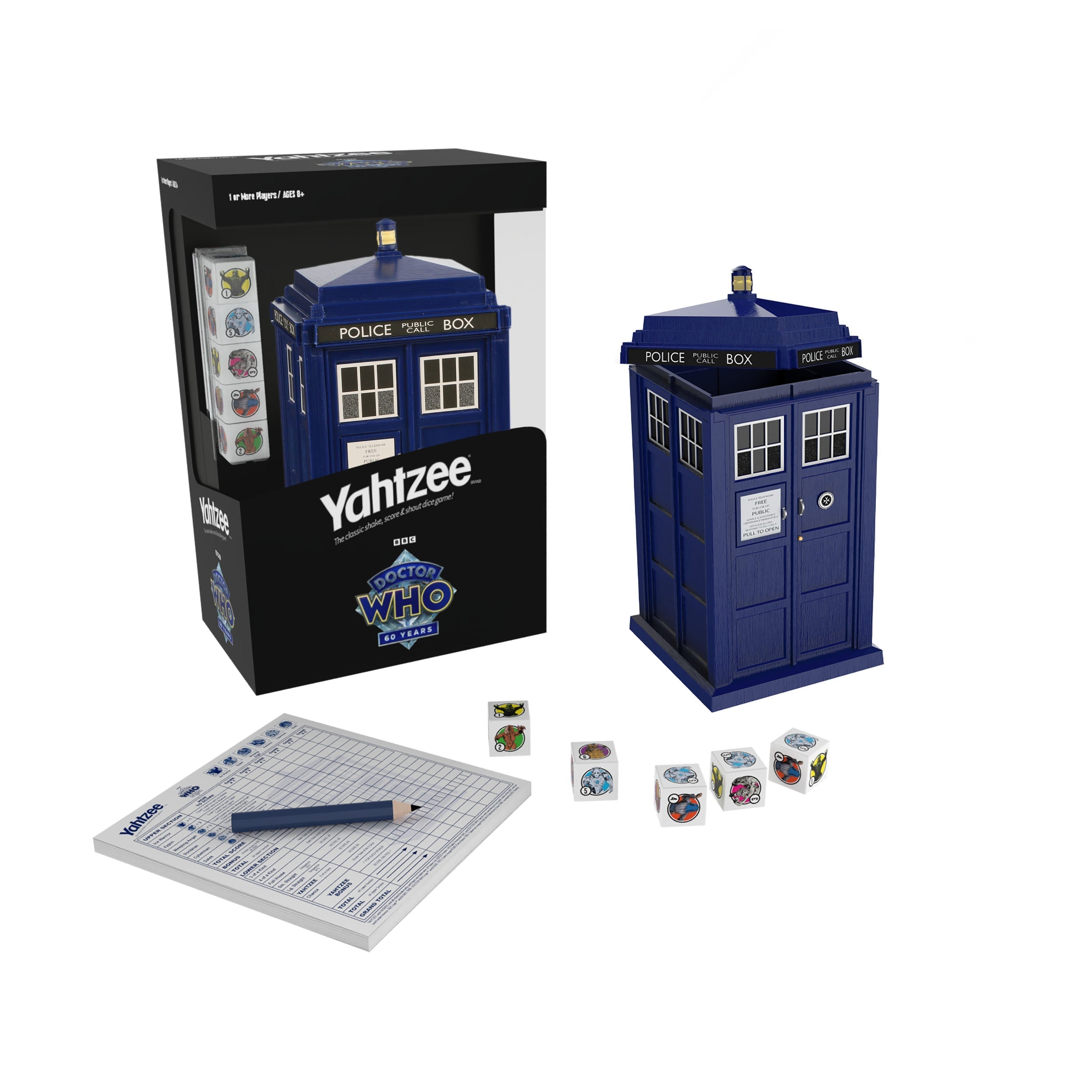 Doctor Who YAHTZEE® game with TARDIS dice cup score sheets and dice