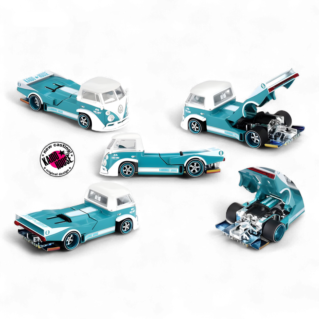 KAIDO Volkswagen T1 custom pickup turquoise and white 1:64 diecast model with exposed engine details