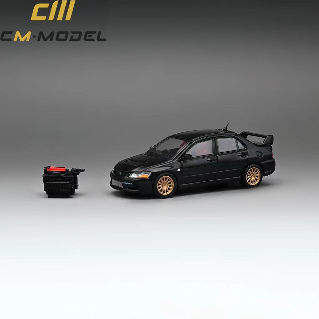 Mitsubishi Lancer Evolution IX Metallic Black With Engine 1:64 by CM Model Front Angle View with Engine