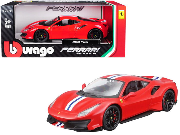 Ferrari 488 Pista Red with White and Blue Stripes 1/24 Diecast Model Car by Bburago-0