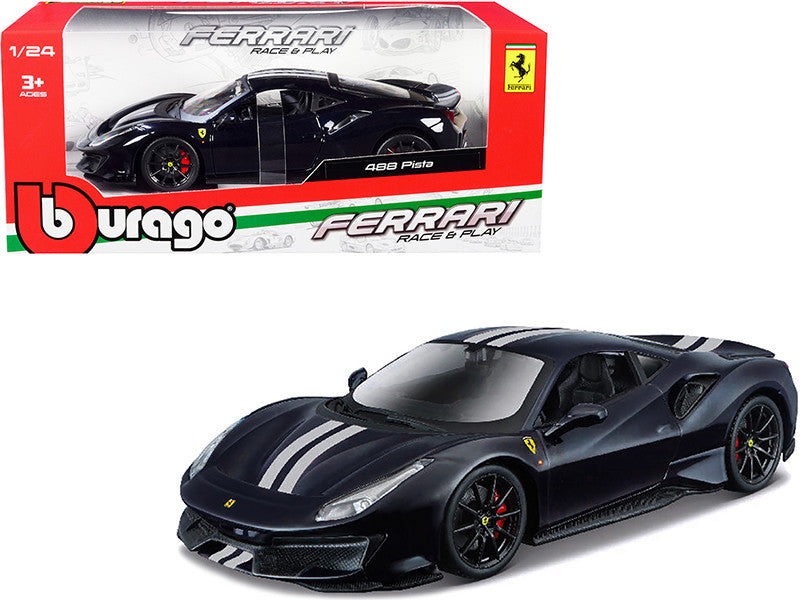 Ferrari 488 Pista Dark Blue Metallic with Silver Stripes 1/24 Diecast Model Car by Bburago-0