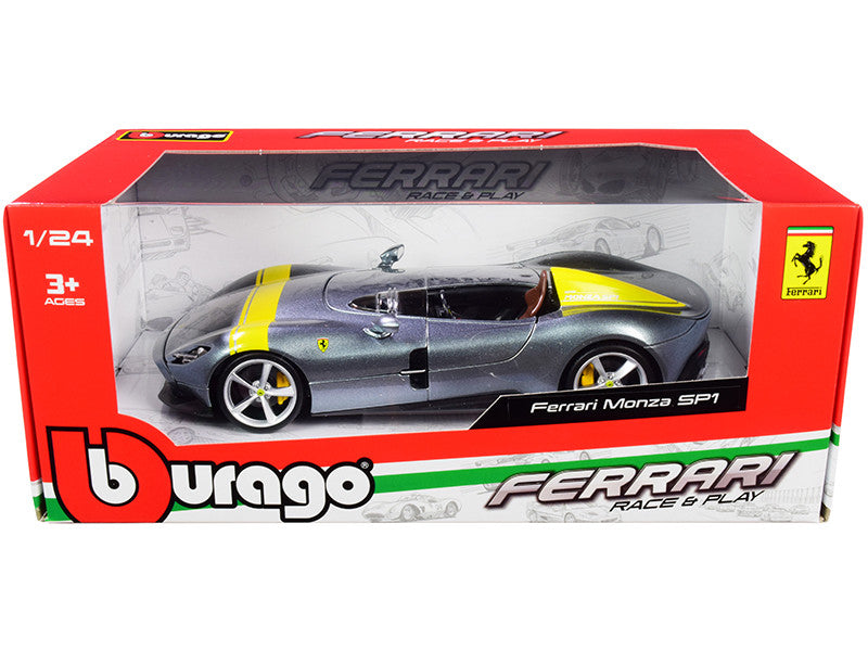 Ferrari Monza SP1 Silver Metallic with Yellow Stripes 1/24 Diecast Model Car by Bburago-0