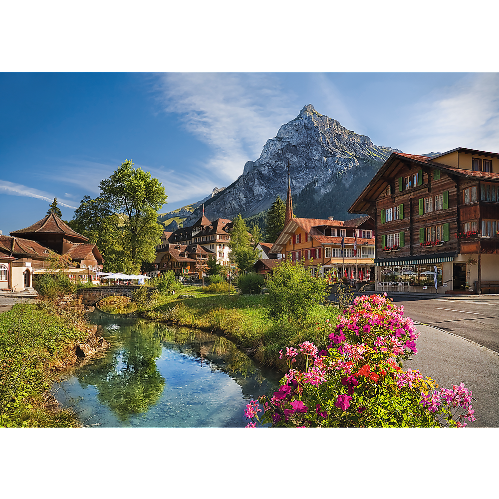 Scenic alpine mountain village with flowers and water in summer