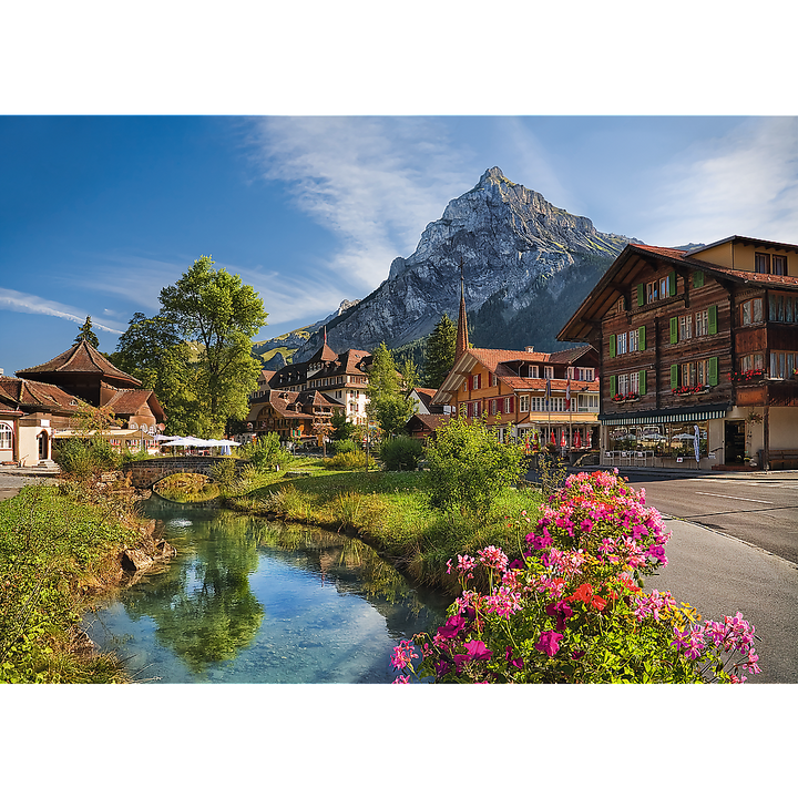 Scenic alpine mountain village with flowers and water in summer