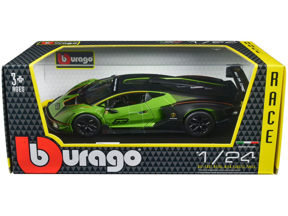 Lamborghini Essenza SCV12 #63 Green Metallic and Black "Squadra Corse" "Race" Series 1/24 Diecast Model Car by Bburago-0