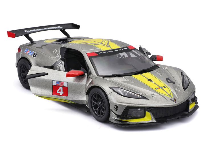 2020 Chevrolet Corvette C8.R #4 Silver Metallic with Yellow Stripes "Race" Series 1/24 Diecast Model Car by Bburago-1