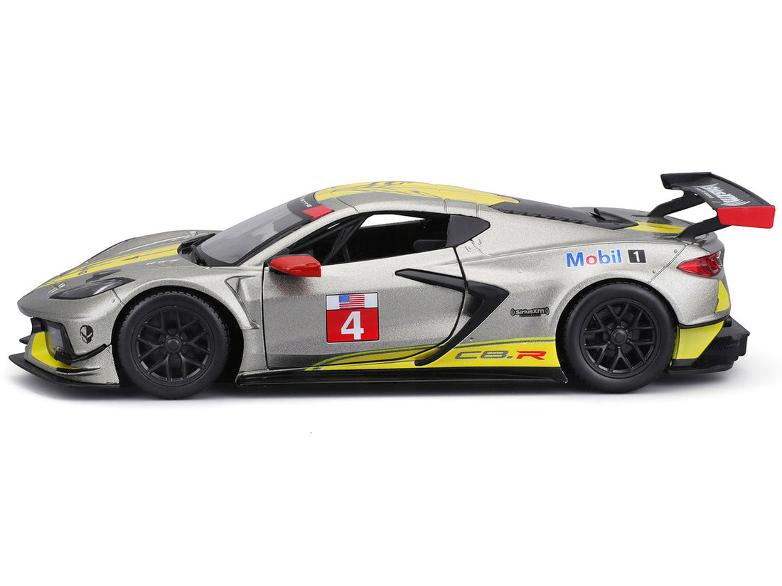 2020 Chevrolet Corvette C8.R #4 Silver Metallic with Yellow Stripes "Race" Series 1/24 Diecast Model Car by Bburago-2