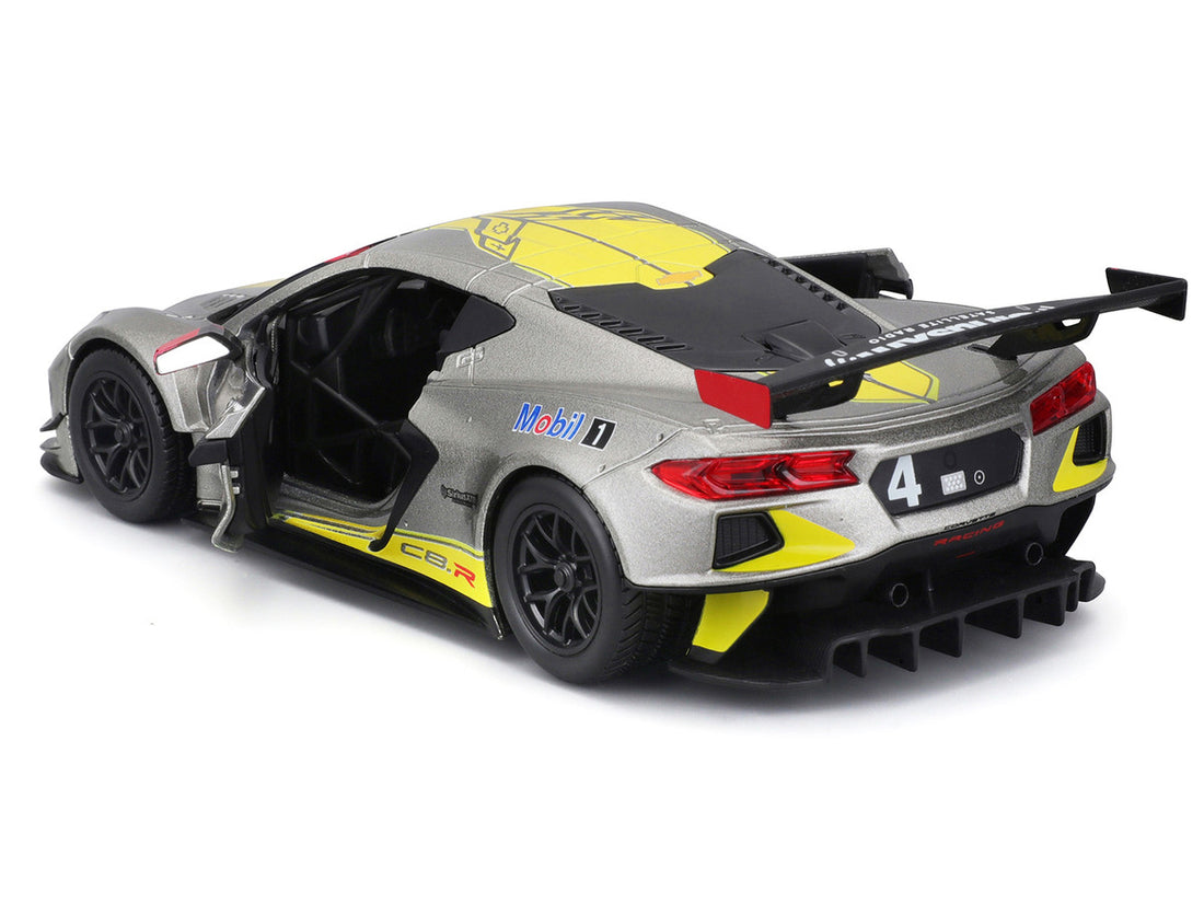 2020 Chevrolet Corvette C8.R #4 Silver Metallic with Yellow Stripes "Race" Series 1/24 Diecast Model Car by Bburago-3