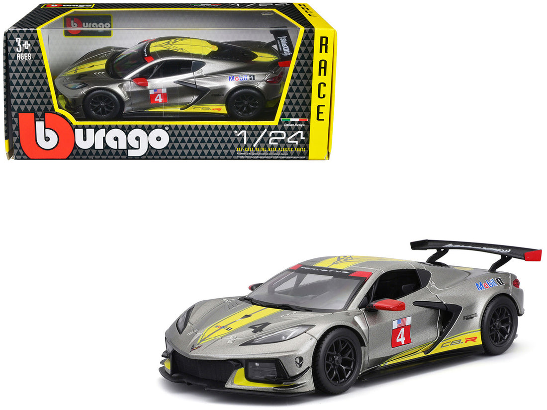 2020 Chevrolet Corvette C8.R #4 Silver Metallic with Yellow Stripes "Race" Series 1/24 Diecast Model Car by Bburago-0