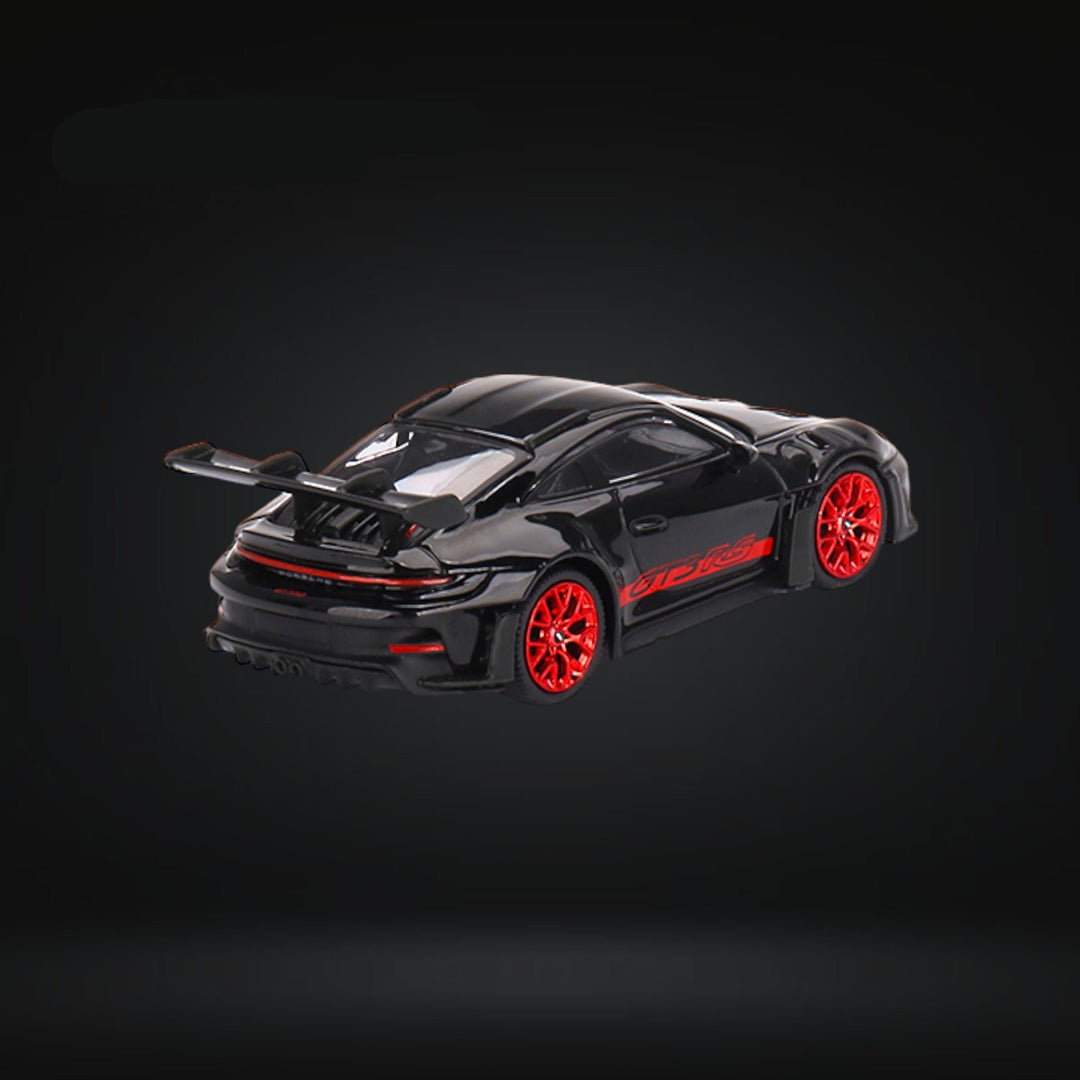 Porsche 911 992 GT3 RS Black with Pyro Red #681 1:64 by Mini-GT MGT00681 Angled Rear View