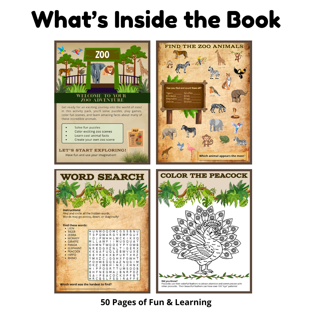 Children solving zoo-themed puzzles and educational activities featuring animals from around the world