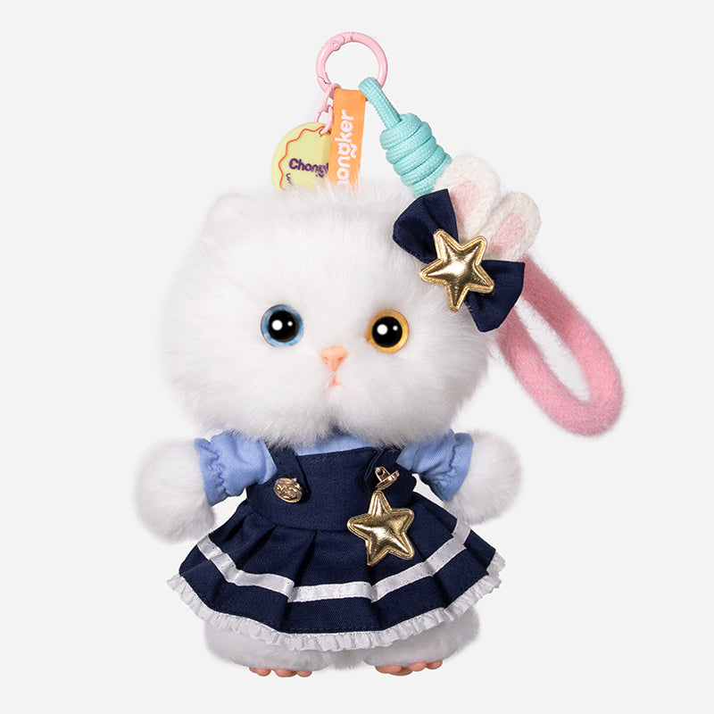 Chongker Creamy white cat plush keychain with blue outfit