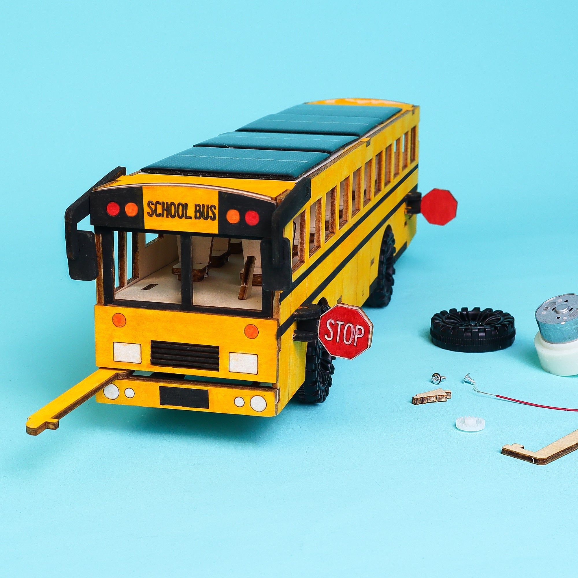 Dual Power School Bus STEM Kit – Build, Paint & Personalize | Battery + Solar Powered 2