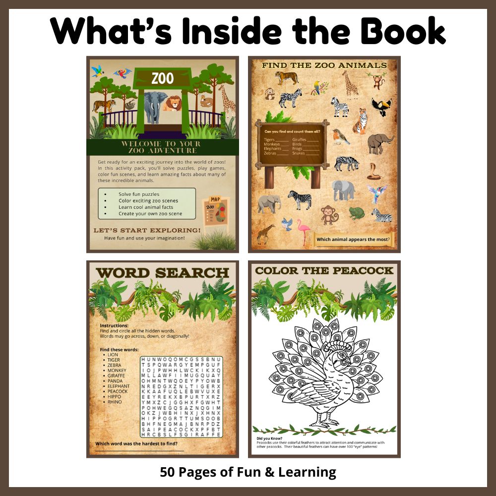 Zoo Explorer Learning & Activity Book for Kids Ages 6-10 | Printable Fillable PDF | 50-Page Educational Animal Activity Book