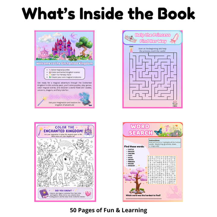 Enchanted Kingdom Learning & Activity Book | Printable / Fillable PDF for Kids Ages 6–10 | Coloring Pages, Puzzles, Games, Word Searches & Fun Facts