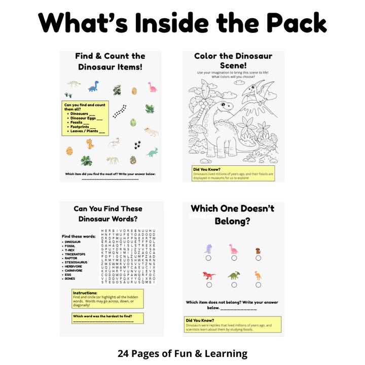 Preview pages of dinosaur activity pack including puzzles, coloring page, word search, and matching game