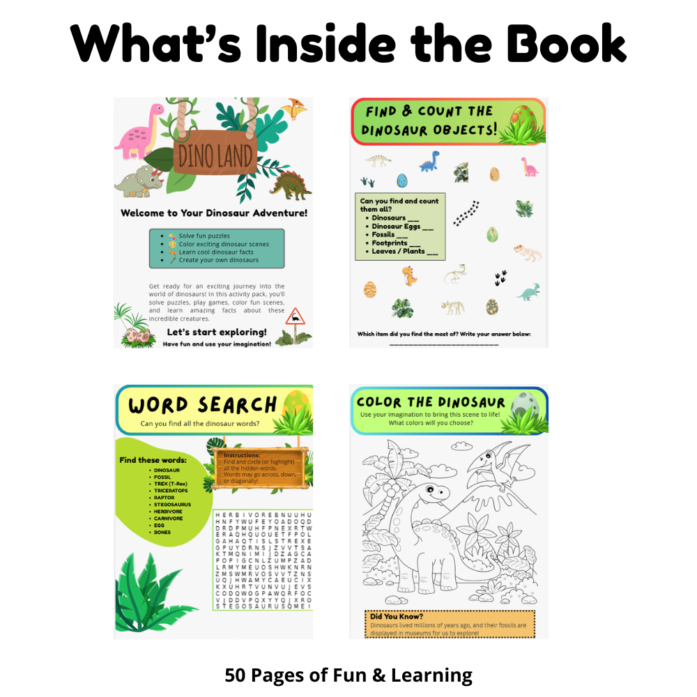 Dinosaur Learning & Activity Book - 50 Page Printable + Fillable PDF for Ages 6-10 2