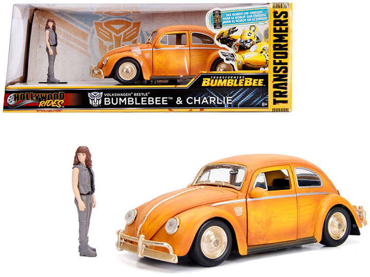 Volkswagen Beetle Weathered Yellow with Robot on Chassis and Charlie Diecast Figurine "Bumblebee" (2018) Movie ("Transformers" Series) "Hollywood Rides" Series 1/24 Diecast Model Car by Jada-0