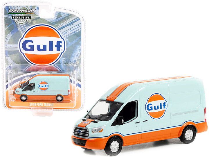 2019 Ford Transit LWB High Roof Van "Gulf Oil" Light Blue and Orange "Hobby Exclusive" 1/64 Diecast Model Car by Greenlight-0