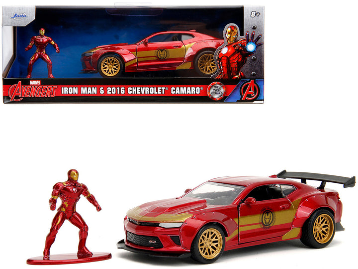 2016 Chevrolet Camaro Red Metallic and Gold and Iron Man Diecast Figure "The Avengers" "Hollywood Rides" Series 1/32 Diecast Model Car by Jada-0