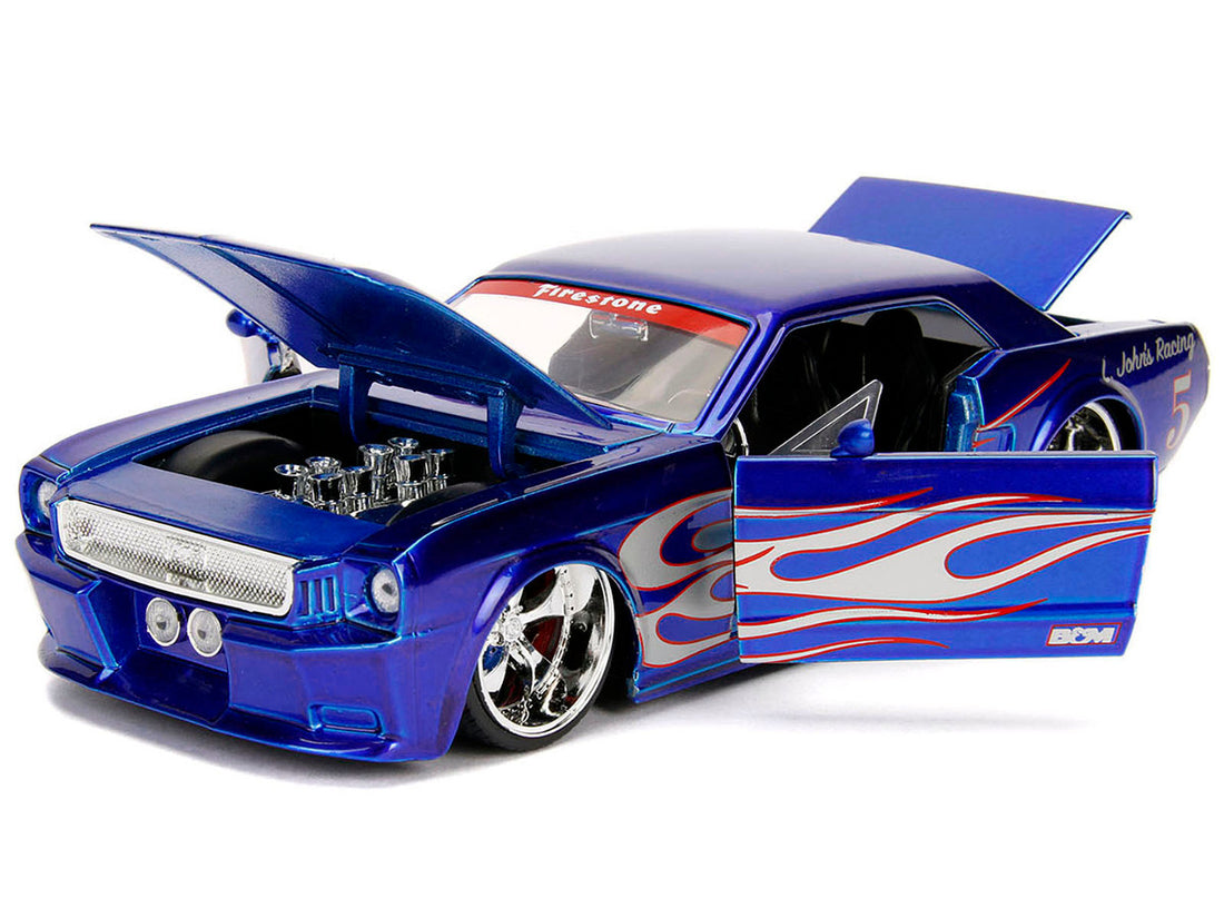 1965 Ford Mustang #5 "L. John's Racing" Candy Blue with Flame Graphics "Bigtime Muscle" Series 1/24 Diecast Model Car by Jada-3