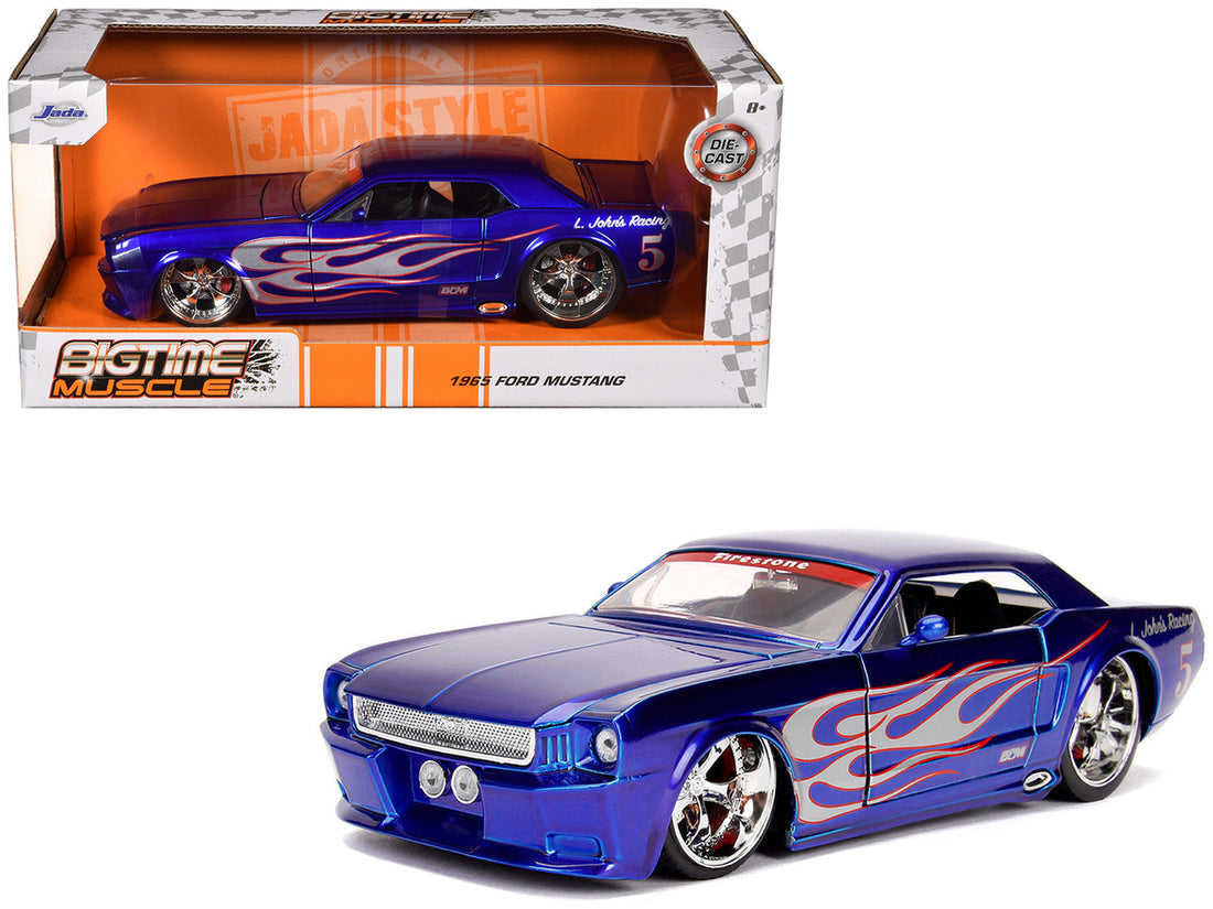 1965 Ford Mustang #5 "L. John's Racing" Candy Blue with Flame Graphics "Bigtime Muscle" Series 1/24 Diecast Model Car by Jada-0