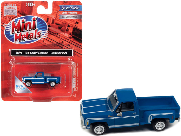 Chevrolet 1976 Stepside Pickup Truck Hawaiian Blue with White Stripes 1/87 (HO) Scale Model Car by Classic Metal Works