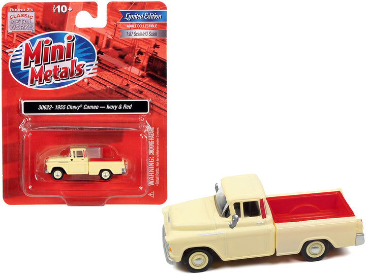 1955 Chevrolet Cameo Pickup Truck Ivory and Red 1/87 (HO) Scale Model Car by Classic Metal Works-0