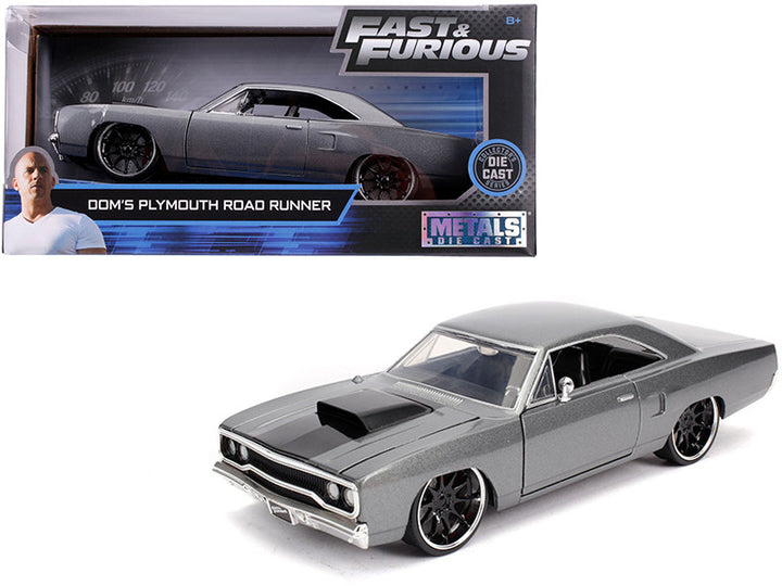 Dom's Plymouth Road Runner Gray Metallic with Black Hood Stripe "Fast & Furious" Movie 1/24 Diecast Model Car by Jada-0