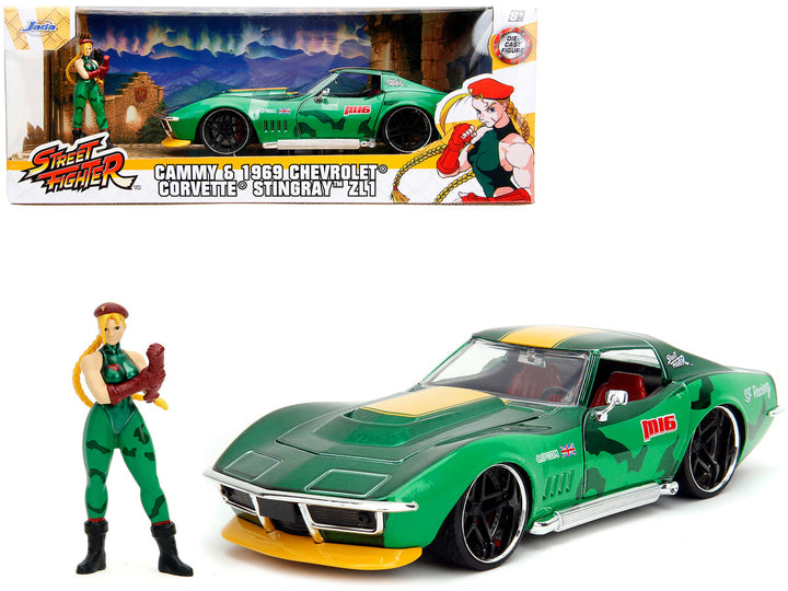 1969 Chevrolet Corvette Stingray ZL1 Green Metallic with Yellow Stripes and Cammy Diecast Figure "Street Fighter" Video Game "Anime Hollywood Rides" Series 1/24 Diecast Model Car by Jada-0