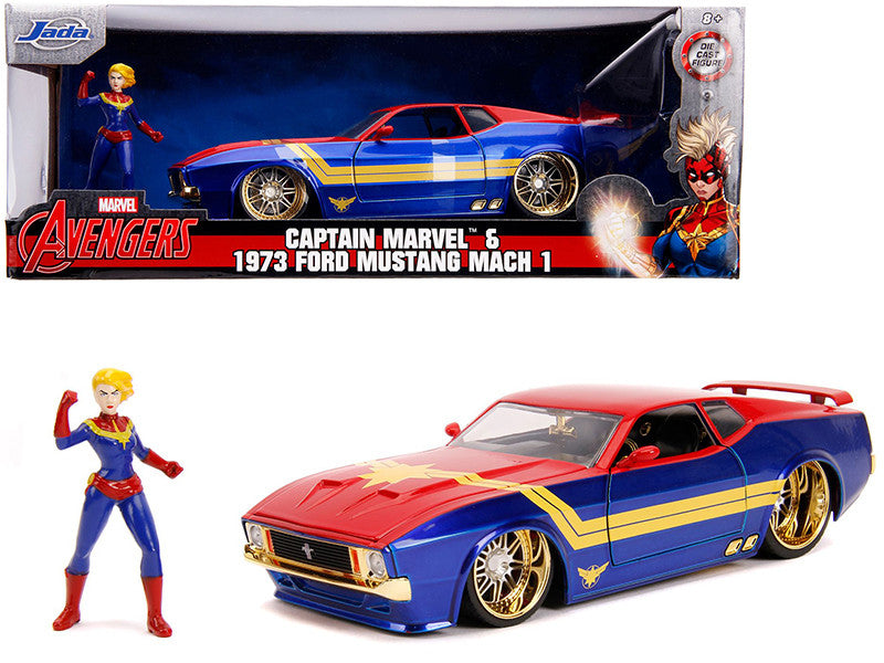 1973 Ford Mustang Mach 1 with Captain Marvel Diecast Figurine "Avengers" "Marvel" Series 1/24 Diecast Model Car by Jada-0
