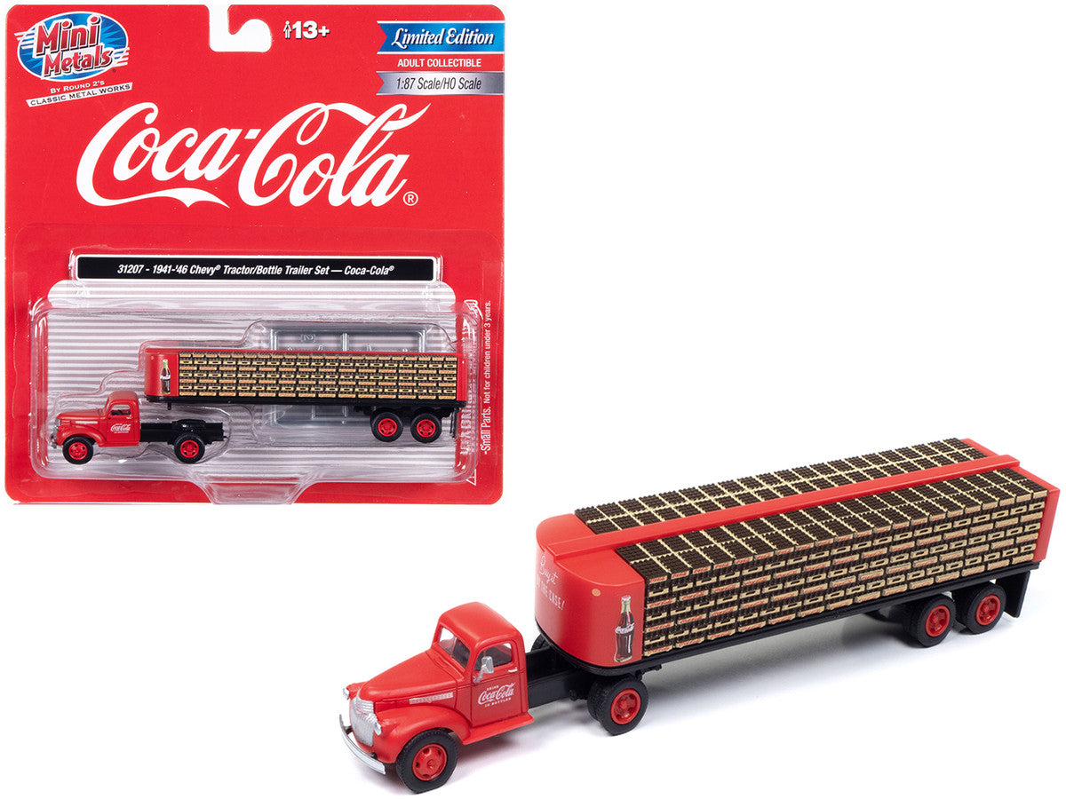 1941-1946 Chevrolet Tractor Red with Flatbed Bottle Trailer "Coca-Cola" "Mini Metals" Series 1/87 (HO) Scale Model Car by Classic Metal Works-0