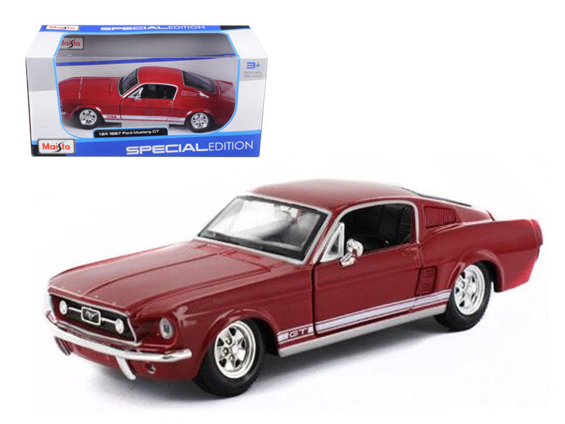 1967 Ford Mustang GT Red with White Stripes 1/24 Diecast Model Car by Maisto-0