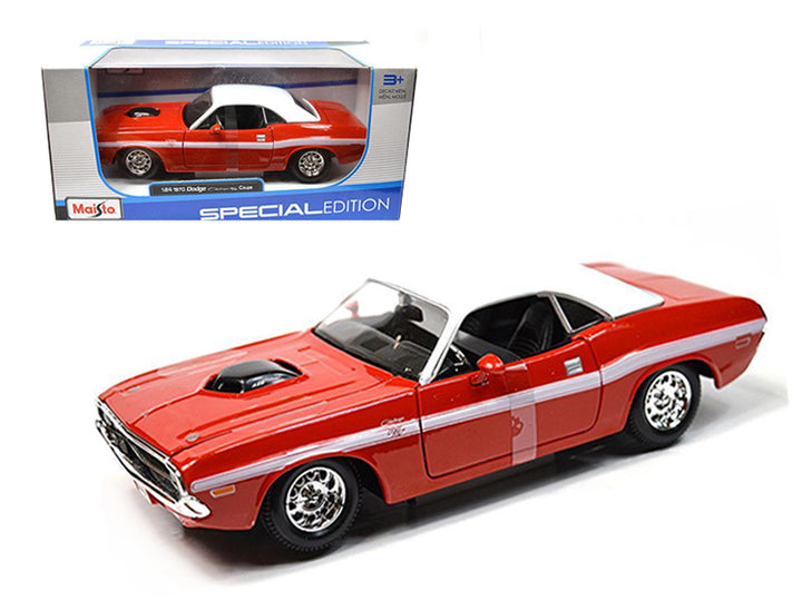 1970 Dodge Challenger R/T Coupe Red with White Top and White Stripes 1/24 Diecast Model Car by Maisto-0