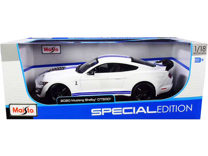 2020 Ford Mustang Shelby GT500 White with Blue Stripes "Special Edition" 1/18 Diecast Model Car by Maisto-0