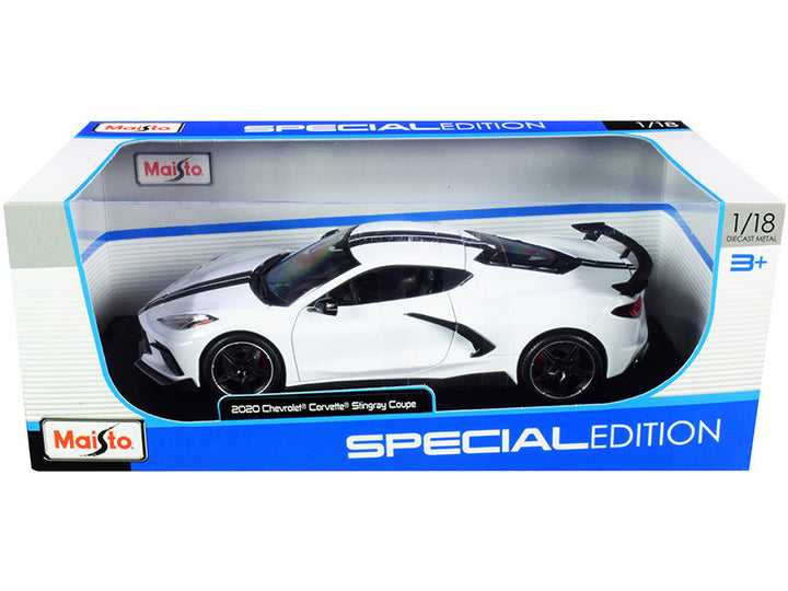 2020 Chevrolet Corvette Stingray C8 Coupe with High Wing White with Black Stripes 1/18 Diecast Model Car by Maisto-0