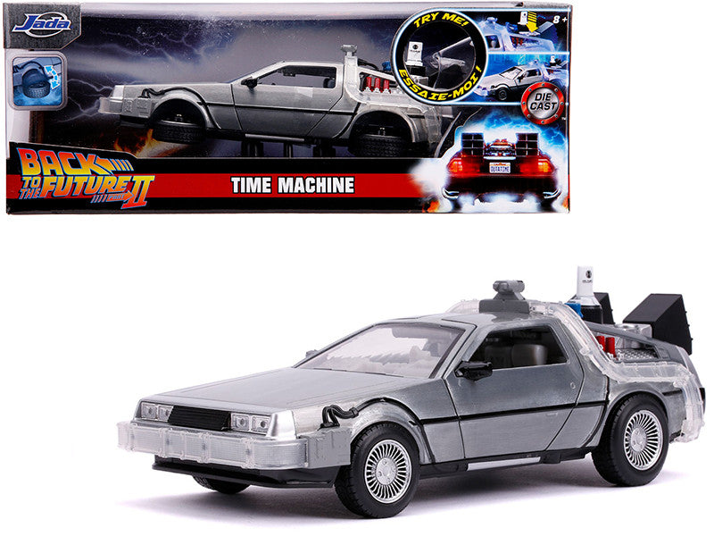 DeLorean Brushed Metal Time Machine with Lights (Flying Version) "Back to the Future Part II" (1989) Movie "Hollywood Rides" Series 1/24 Diecast Model Car by Jada-0