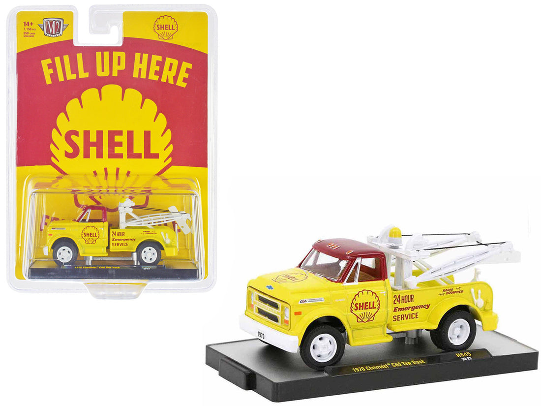 1970 Chevrolet C60 Tow Truck Yellow with Red Top and Yellow Interior "Shell Oil" Limited Edition to 7800 pieces Worldwide 1/64 Diecast Model Car by M2 Machines-0