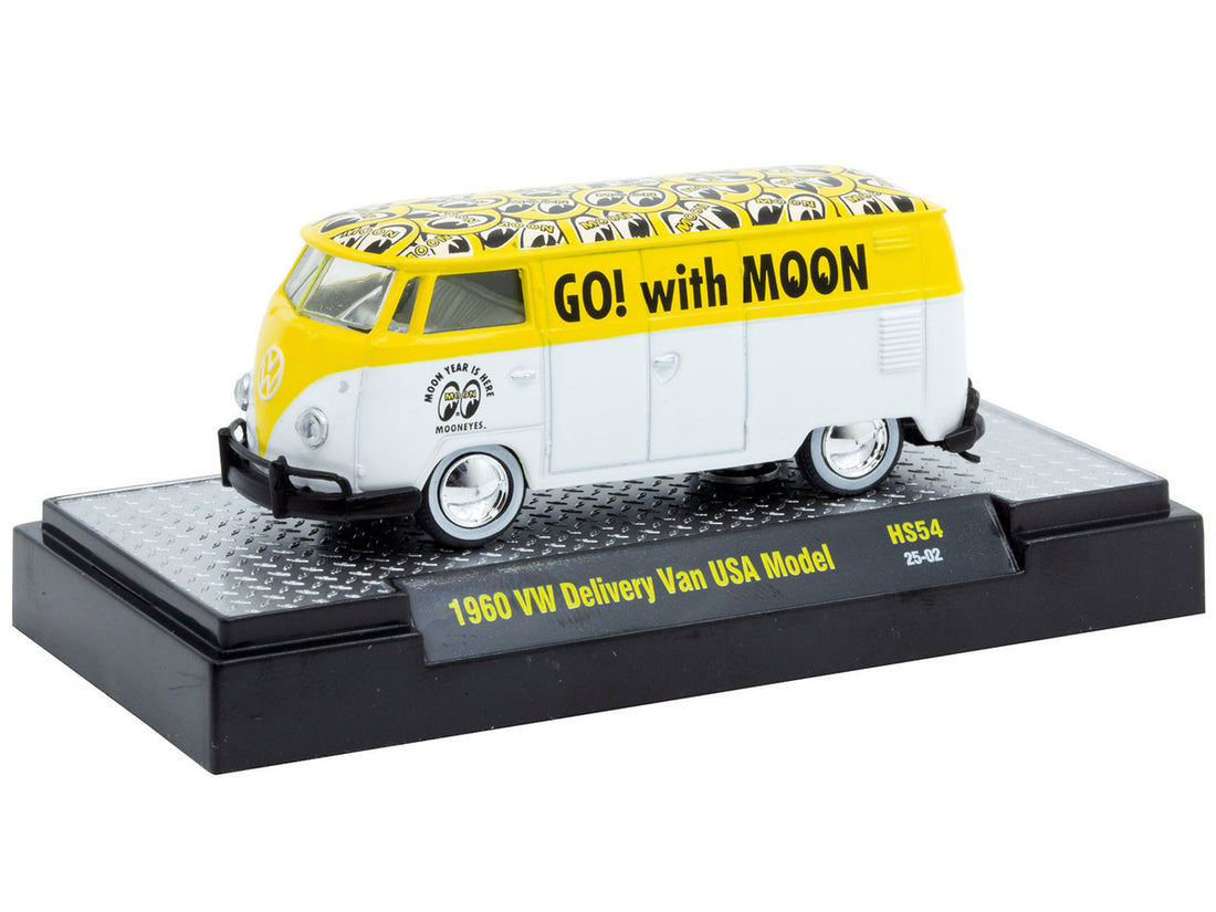 1960 Volkswagen Delivery Van USA Model "MoonEyes" White and Yellow with Top Graphics and White Interior Limited Edition to 5236 pieces Worldwide 1/64 Diecast Model Car by M2 Machines-0
